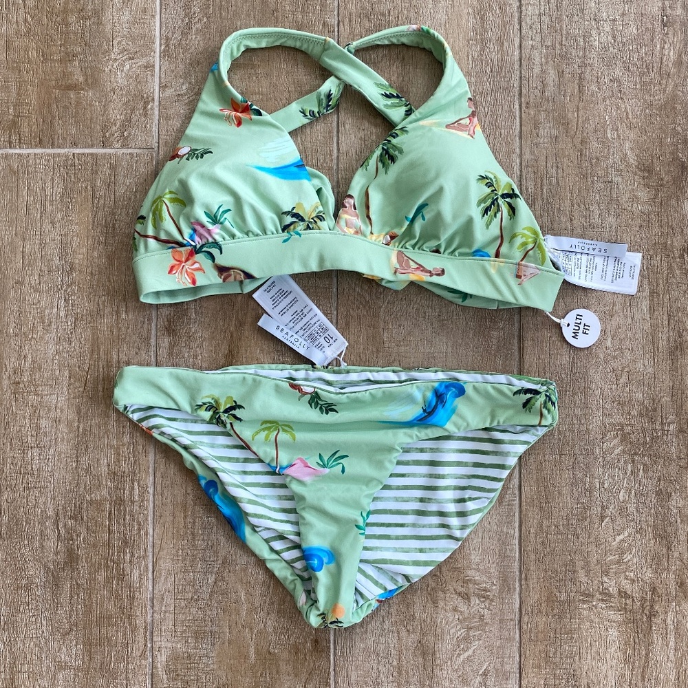 Seafolly Isla Palm Multi Fit Triangle Bikini Top and Reversible Hipster Bottom